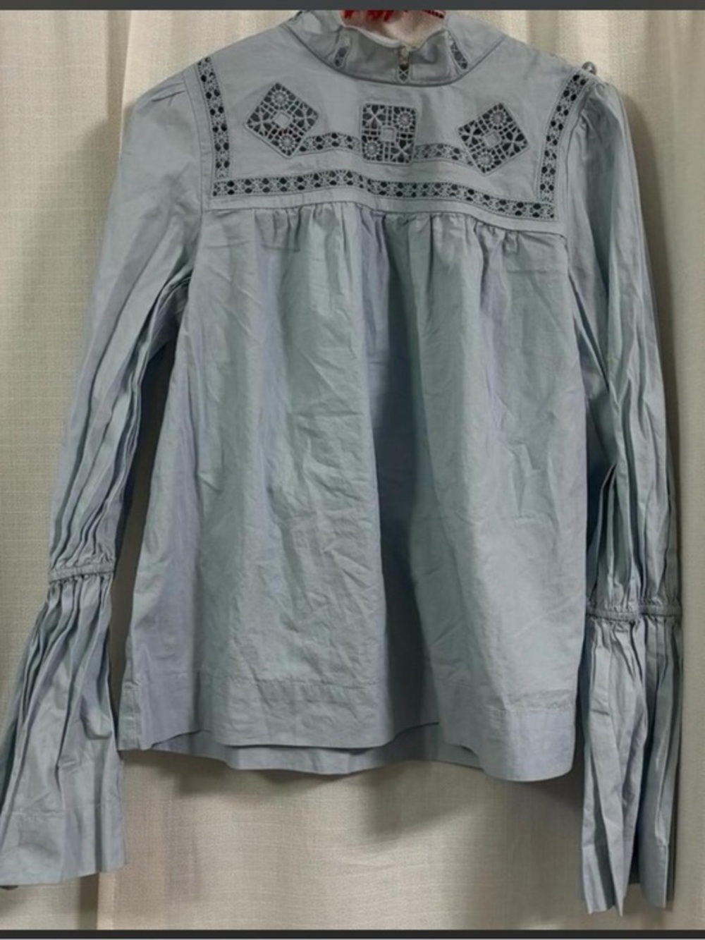 Free People Pale Blue Embroidered High-Neck Blouse